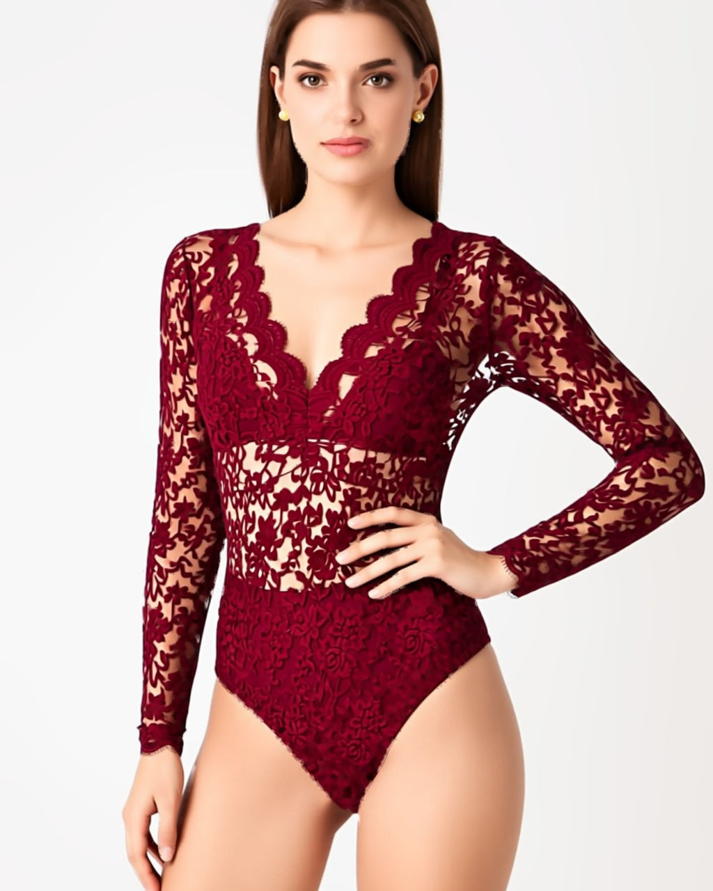 Rose Lace Long Sleeve Plunge Bodysuit in Burgundy, front view on model Layla (EUP-W04). onmodel