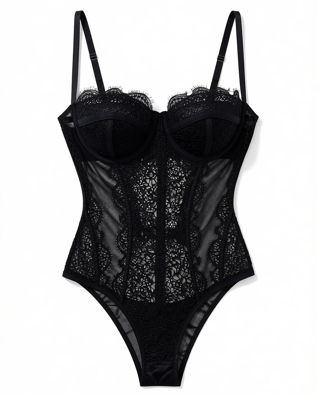 Sheer Lace V-Neck Bodysuit in Black, laid flat to show the full piece.