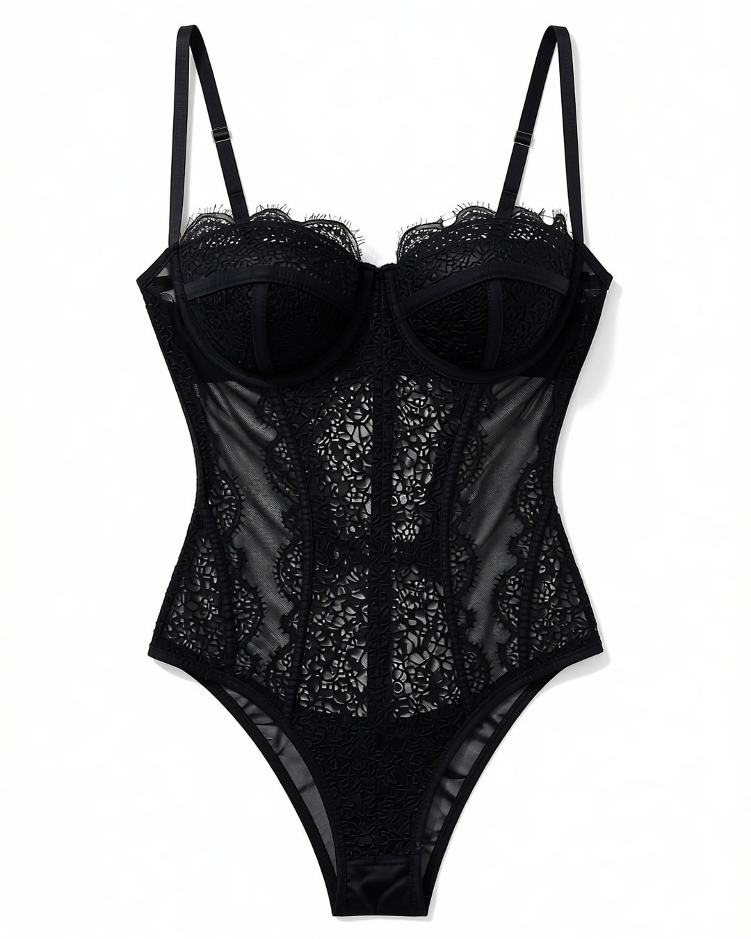 Sheer Lace V-Neck Bodysuit in Black, laid flat to show the full piece.
