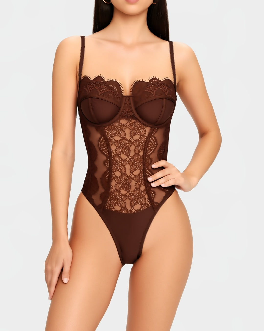 Sheer Lace V-Neck Bodysuit in Coffee, front view on model Nour (EUP-W01). onmodel