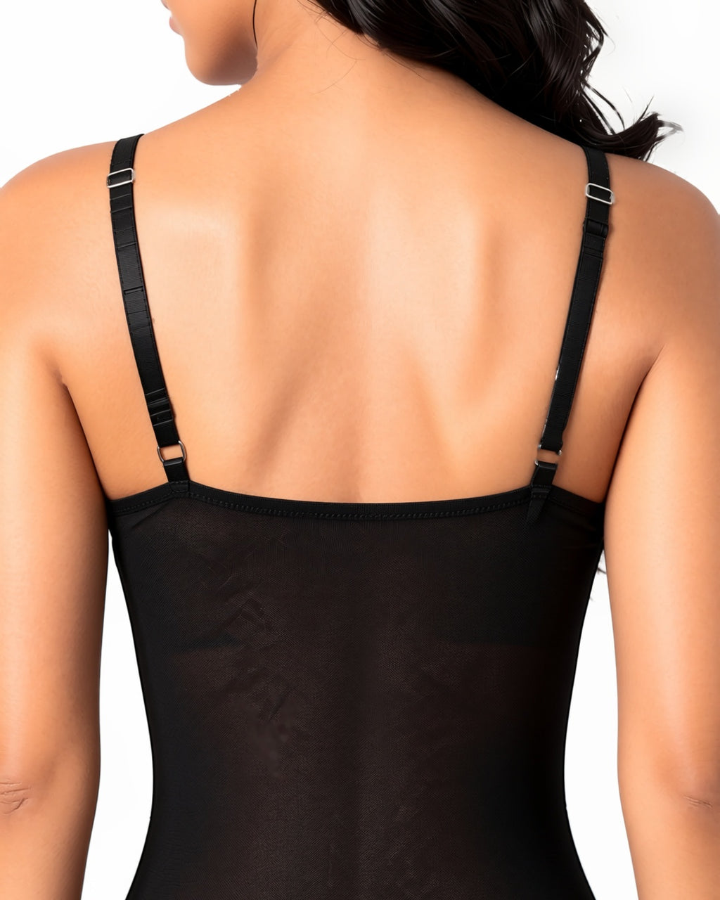 Sheer Lace V-Neck Bodysuit in Black, detail close-up of the back of the garment: the straps, band, neckline and fabric across the back. onmodel