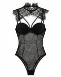 Eyelash Lace Crew Neck Cut-Out Bodysuit, laid flat to show the full piece.