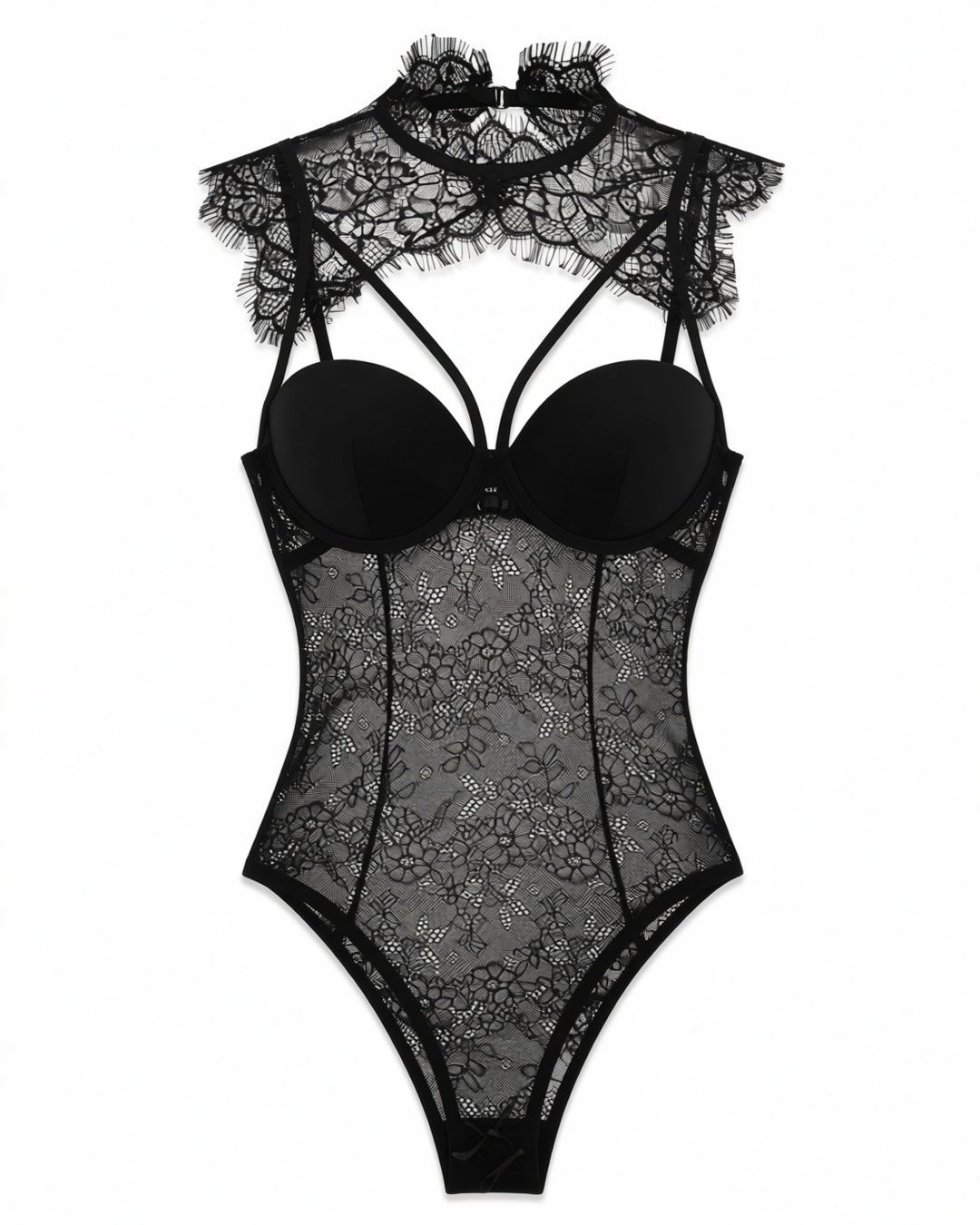 Eyelash Lace Crew Neck Cut-Out Bodysuit, laid flat to show the full piece.