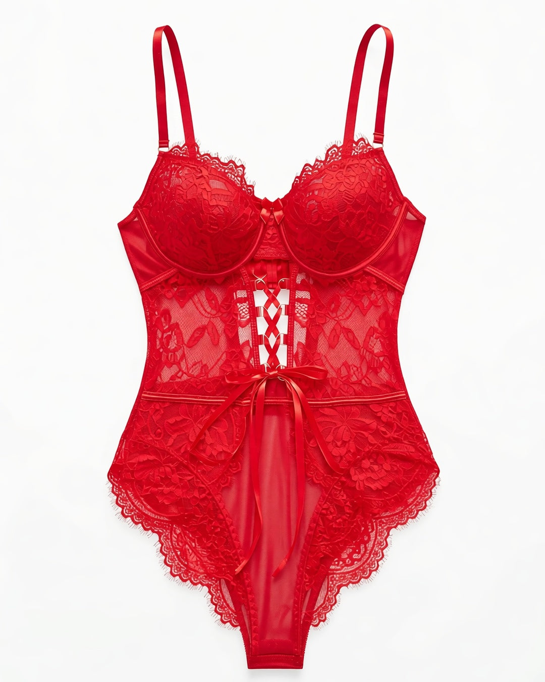 Lace Tie-Front Bodysuit in Red, laid flat to show the full piece.