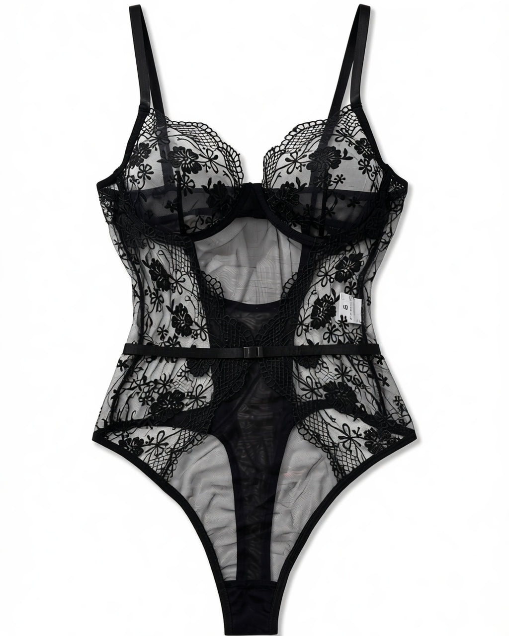 Embroidered Plunge Bodysuit with Mesh Panels in Black, laid flat to show the full piece.