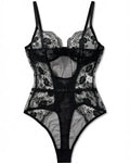 Embroidered Plunge Bodysuit with Mesh Panels in Black, laid flat to show the full piece.