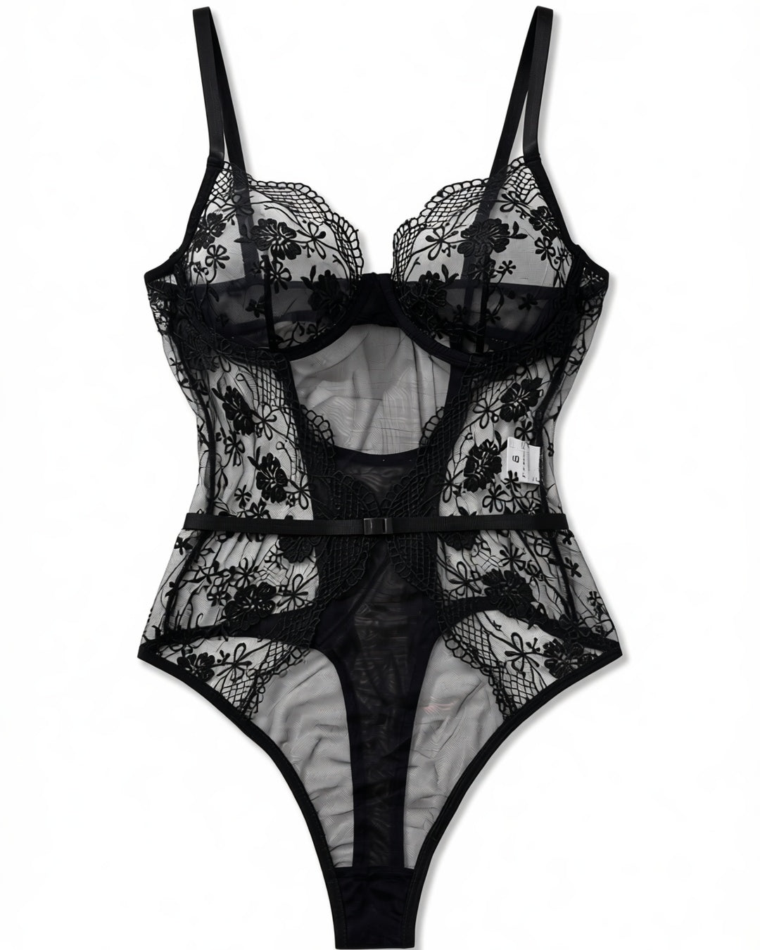 Embroidered Plunge Bodysuit with Mesh Panels in Black, laid flat to show the full piece.
