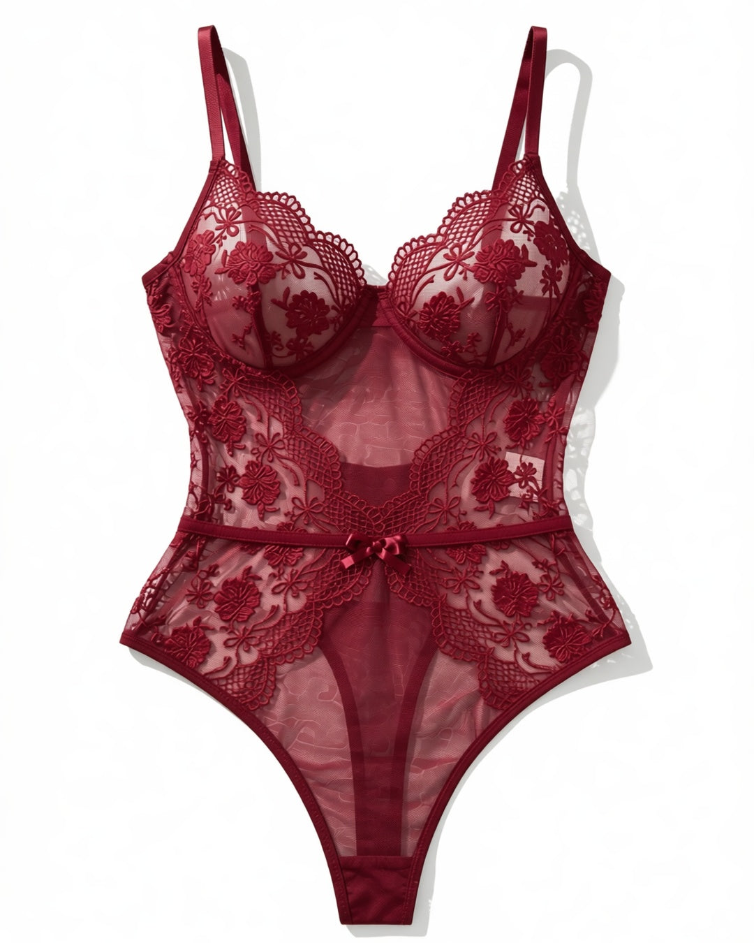 Embroidered Plunge Bodysuit with Mesh Panels in Burgundy, laid flat to show the full piece.