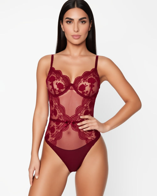 Embroidered Plunge Bodysuit with Mesh Panels in Burgundy, front view on model Dana (EUP-W09). onmodel