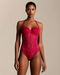 Halter Lace Bodysuit in Red, front view on model Amira (EUP-W03).