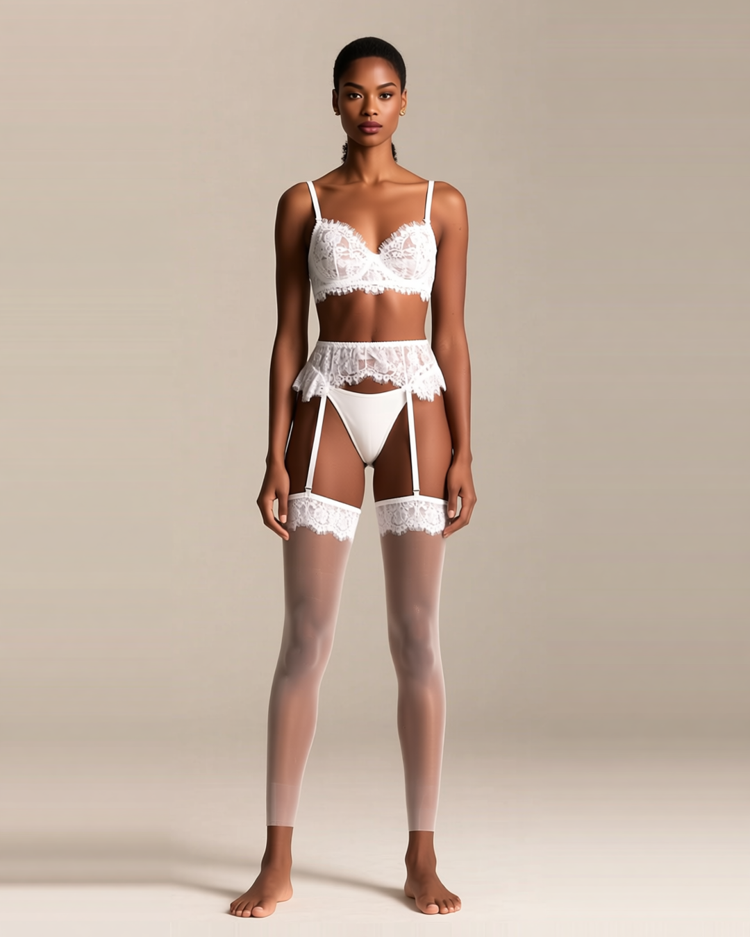 White Lace Bridal Set with Garter Belt, front view on model Amira (EUP-W03).