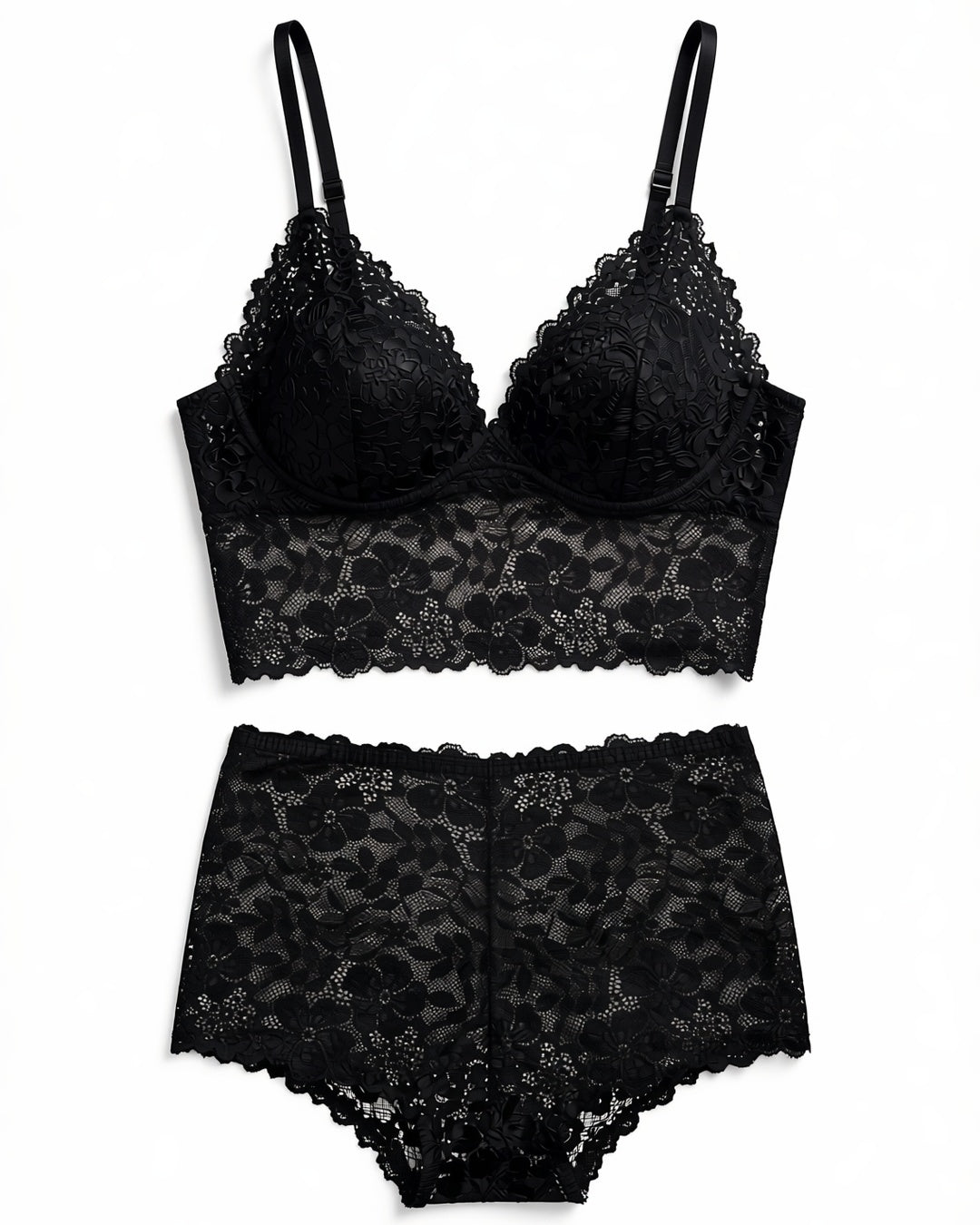 Floral Lace Romance Lingerie Set in Black, laid flat to show the full piece.