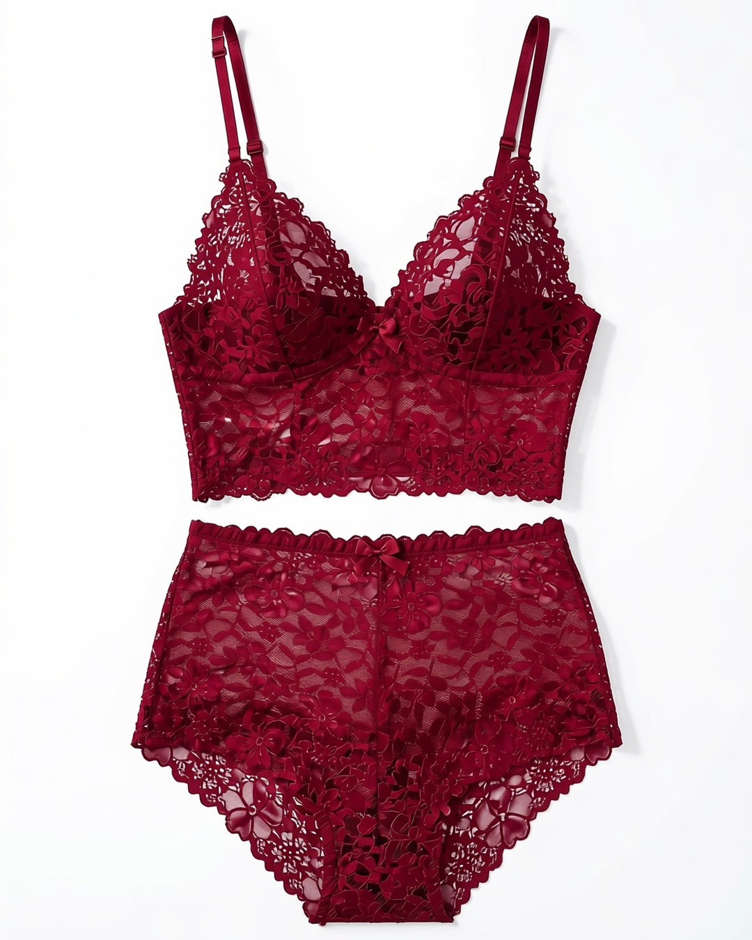 Floral Lace Romance Lingerie Set in Burgundy, laid flat to show the full piece.