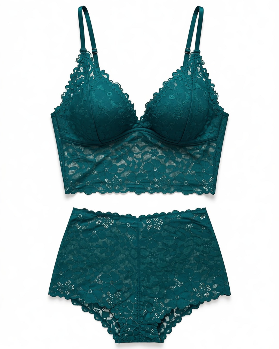 Floral Lace Romance Lingerie Set in Dark Green, laid flat to show the full piece.