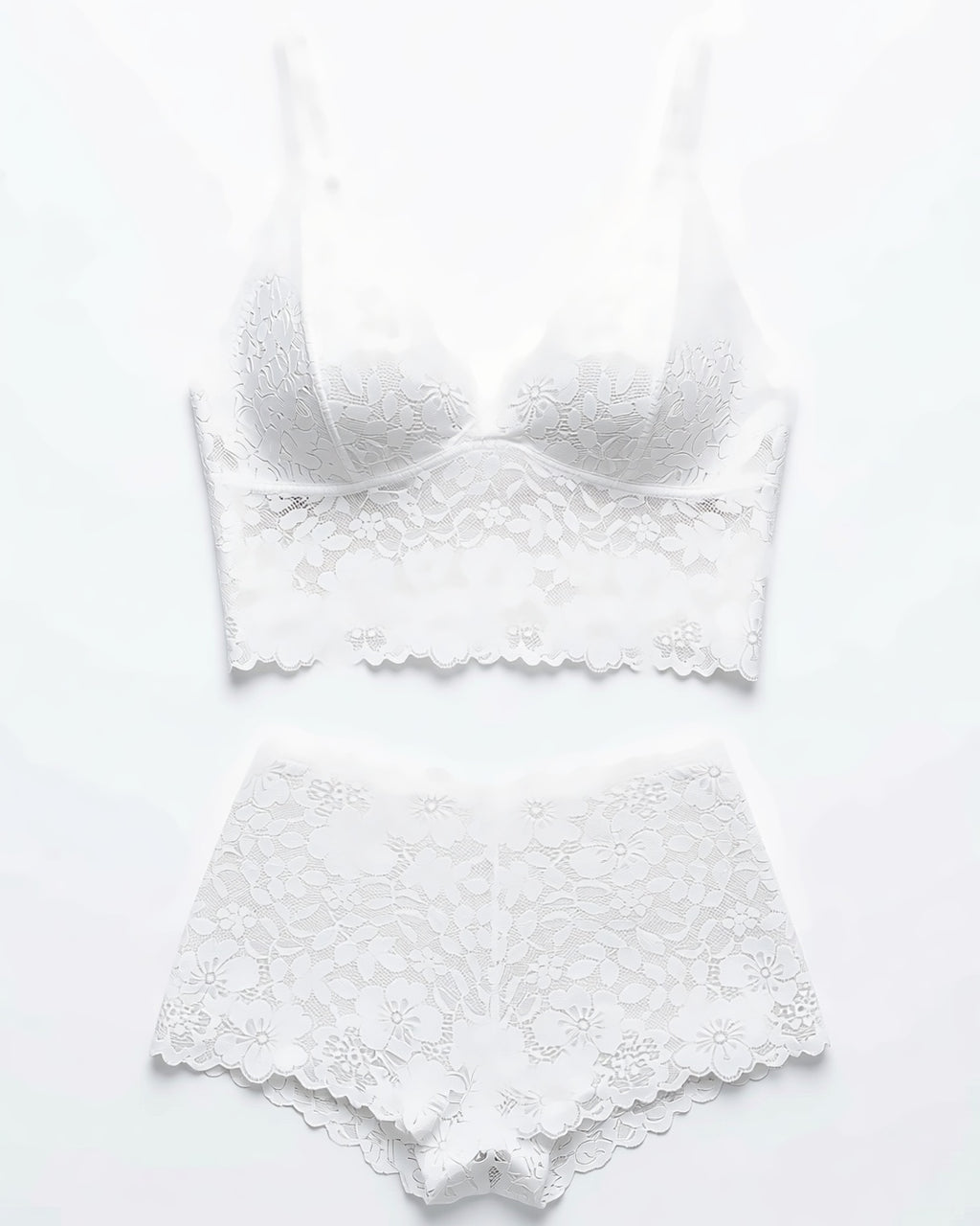 Floral Lace Romance Lingerie Set in White, laid flat to show the full piece.