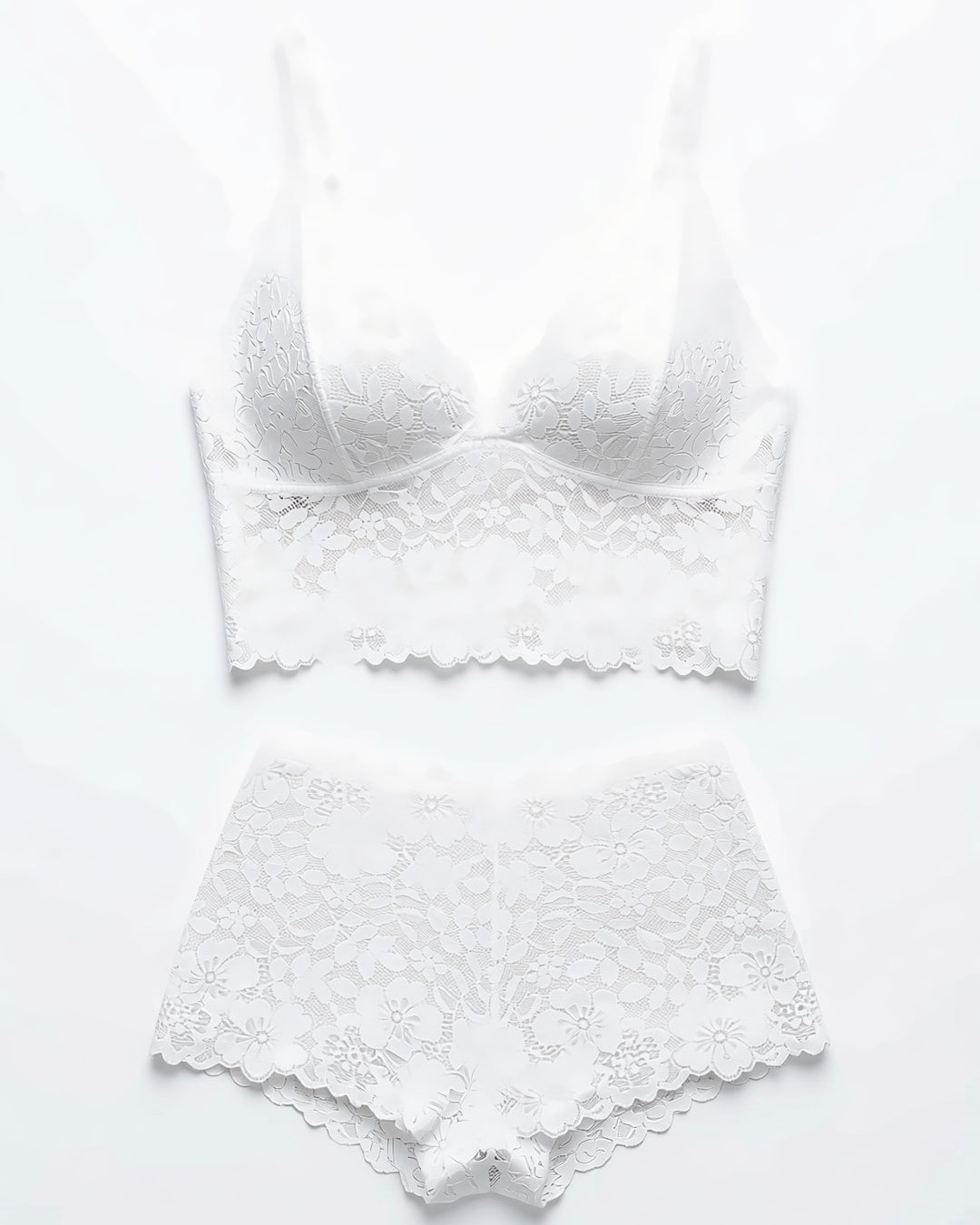 Floral Lace Romance Lingerie Set in White, laid flat to show the full piece.