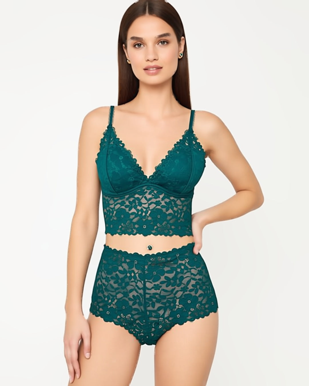 Floral Lace Romance Lingerie Set in Dark Green, front view on model Nour (EUP-W01). onmodel