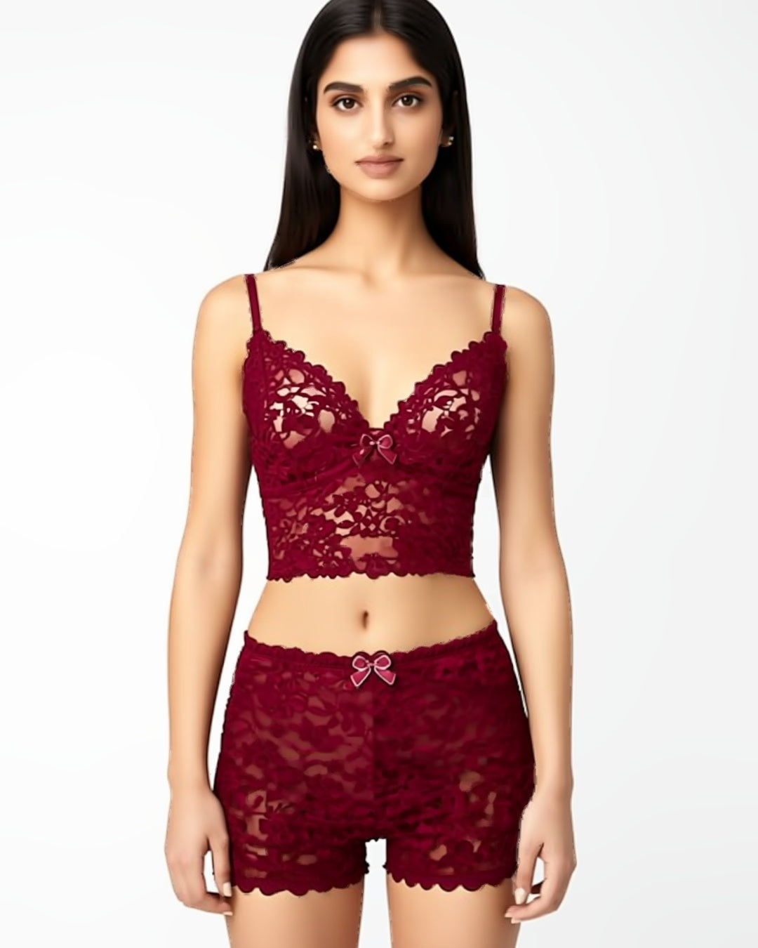 Floral Lace Romance Lingerie Set in Burgundy, front view on model Maya (EUP-W06). onmodel