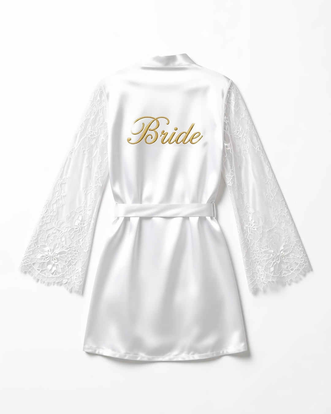 Satin Bride Robe with Embroidered Detail, laid flat to show the full piece.