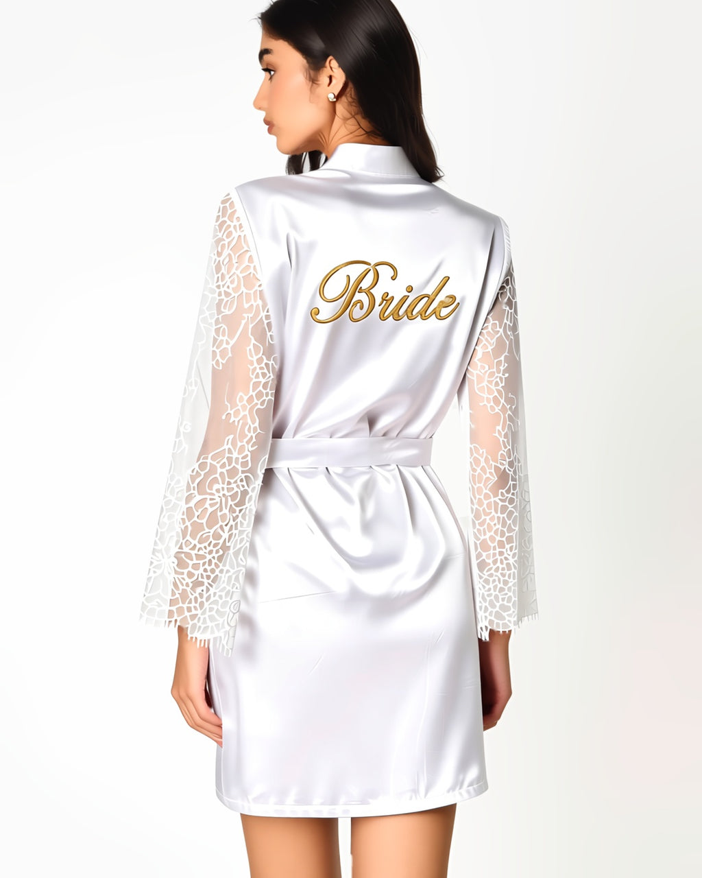 Satin Bride Robe with Embroidered Detail, back view on model Maya (EUP-W06). onmodel