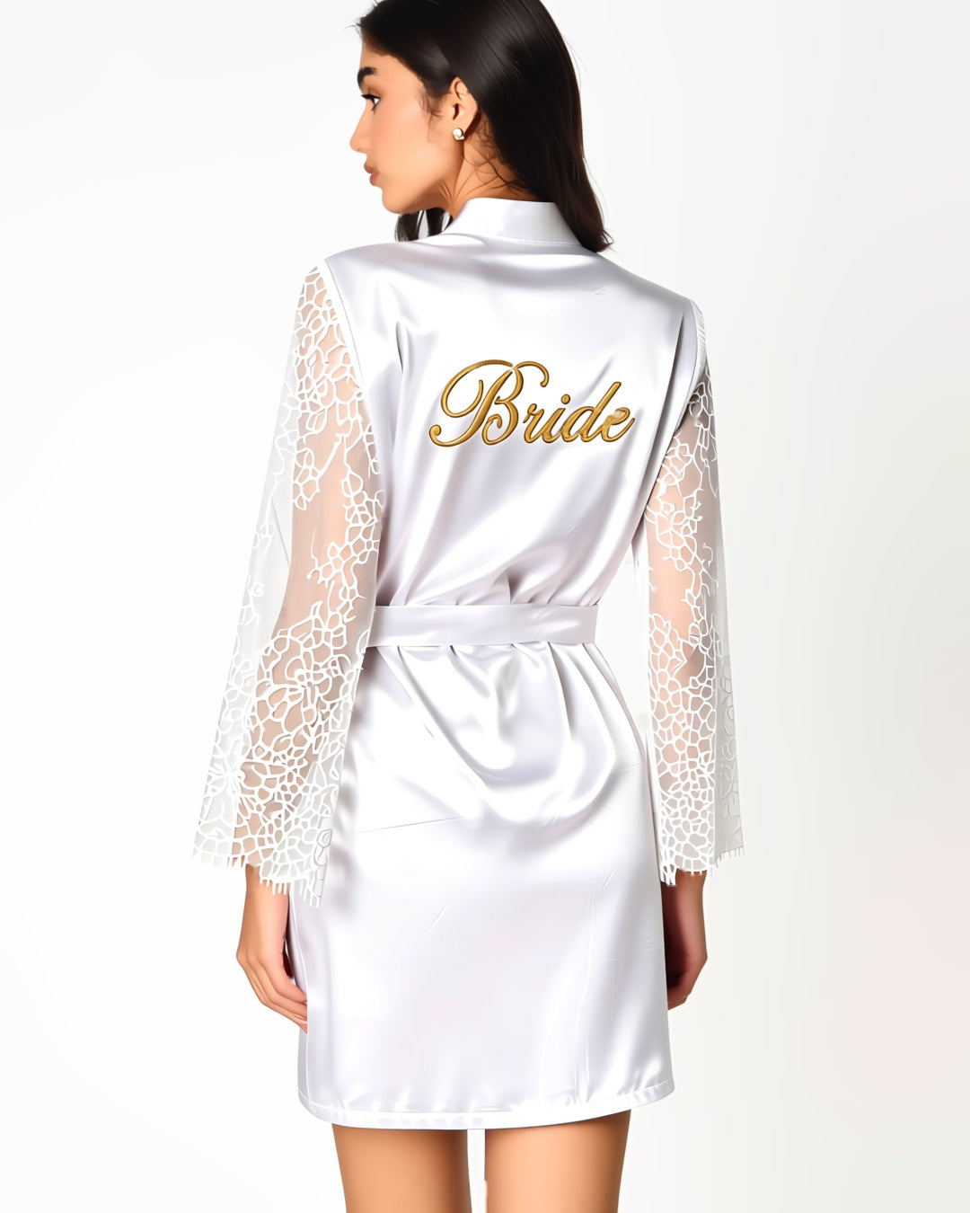 Satin Bride Robe with Embroidered Detail, back view on model Maya (EUP-W06). onmodel
