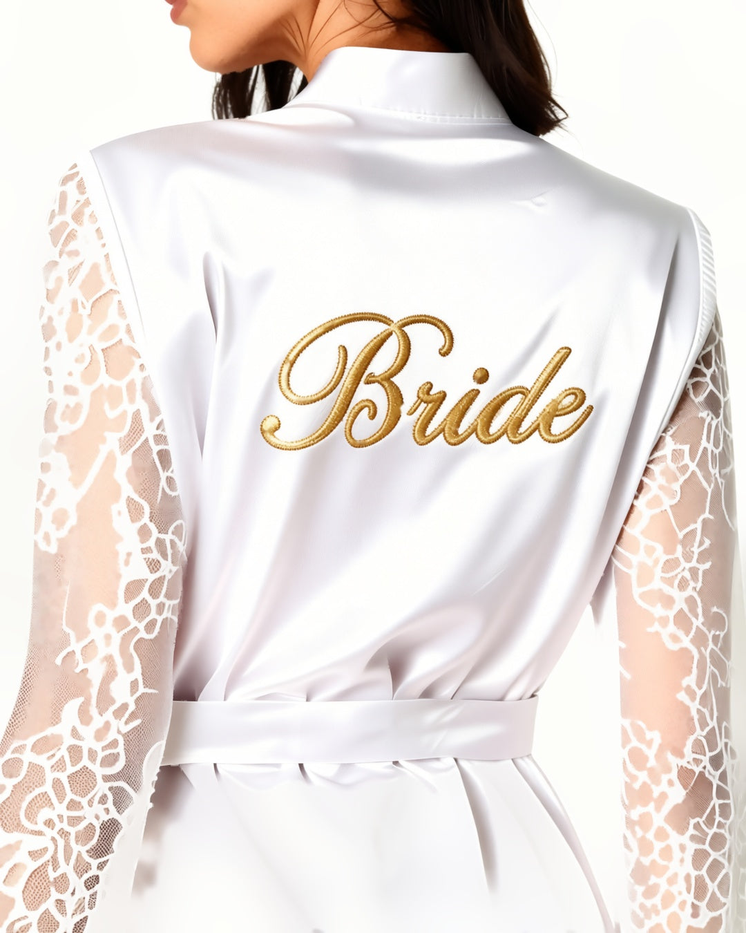 Satin Bride Robe with Embroidered Detail, detail close-up of the back of the closed robe and its tied belt. onmodel