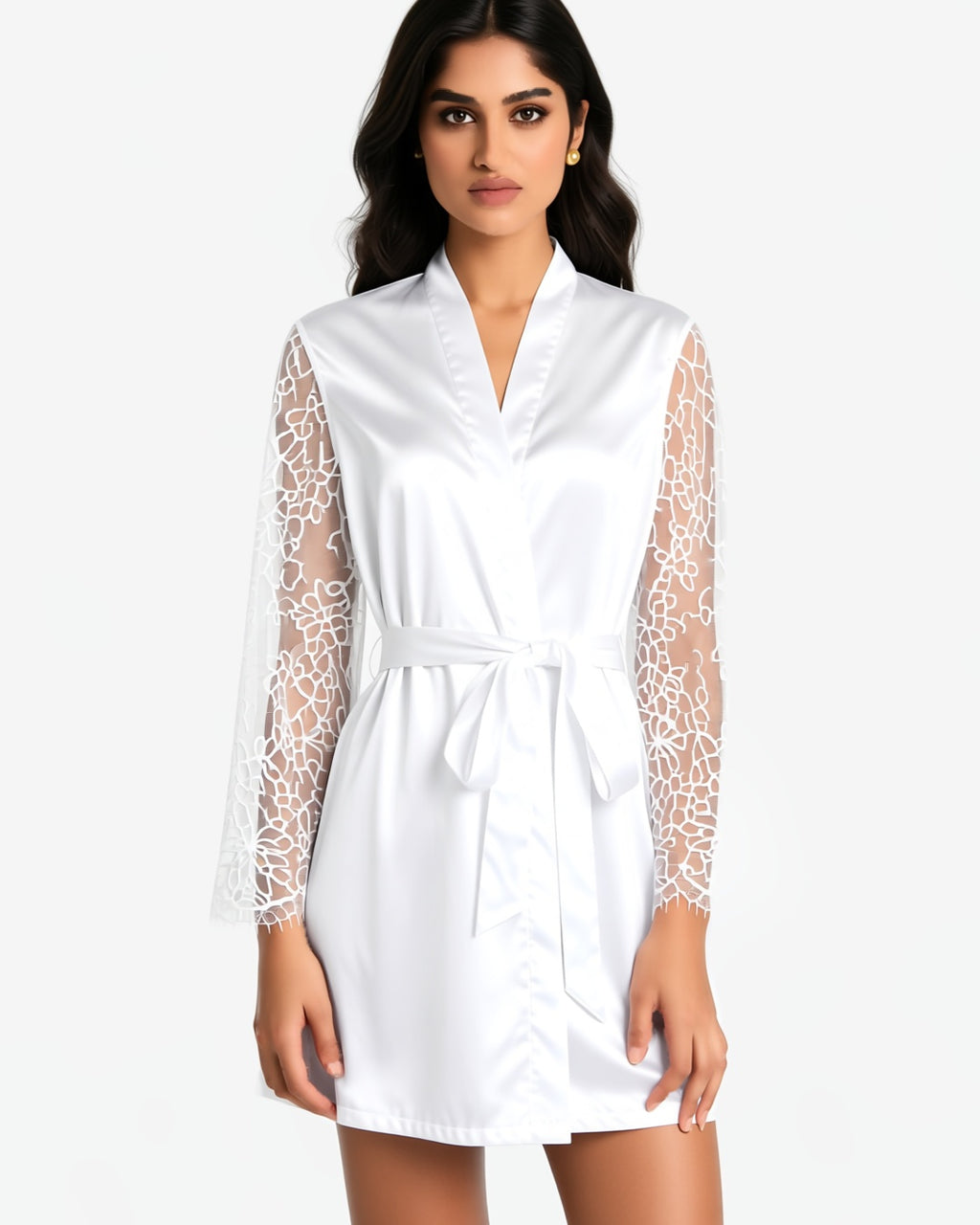 Satin Bride Robe with Embroidered Detail, front view on model Maya (EUP-W06). onmodel