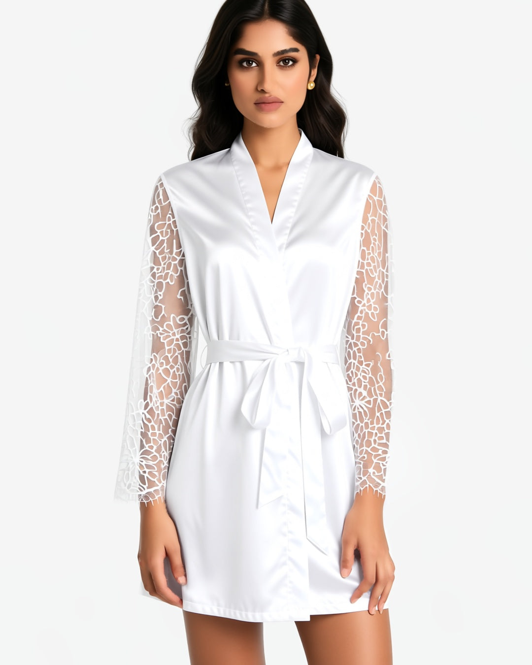 Satin Bride Robe with Embroidered Detail, front view on model Maya (EUP-W06). onmodel