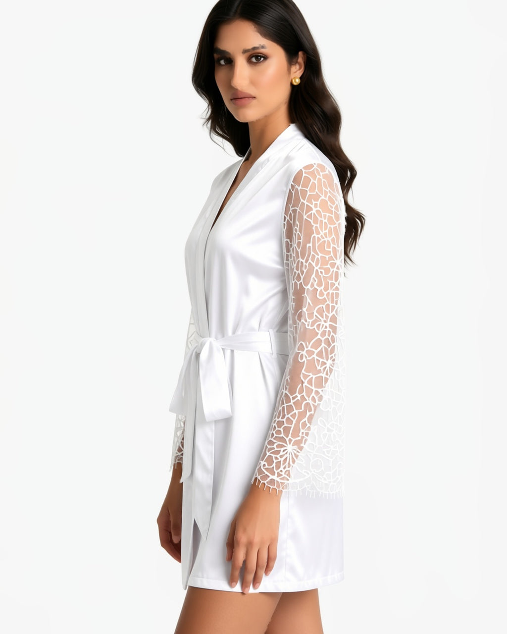 Satin Bride Robe with Embroidered Detail, three-quarter view on model Maya (EUP-W06). onmodel