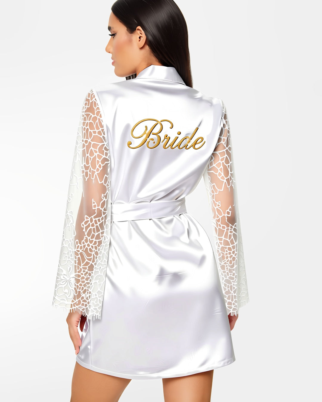 Satin Bride Robe with Embroidered Detail, back view on model Dana (EUP-W09). onmodel