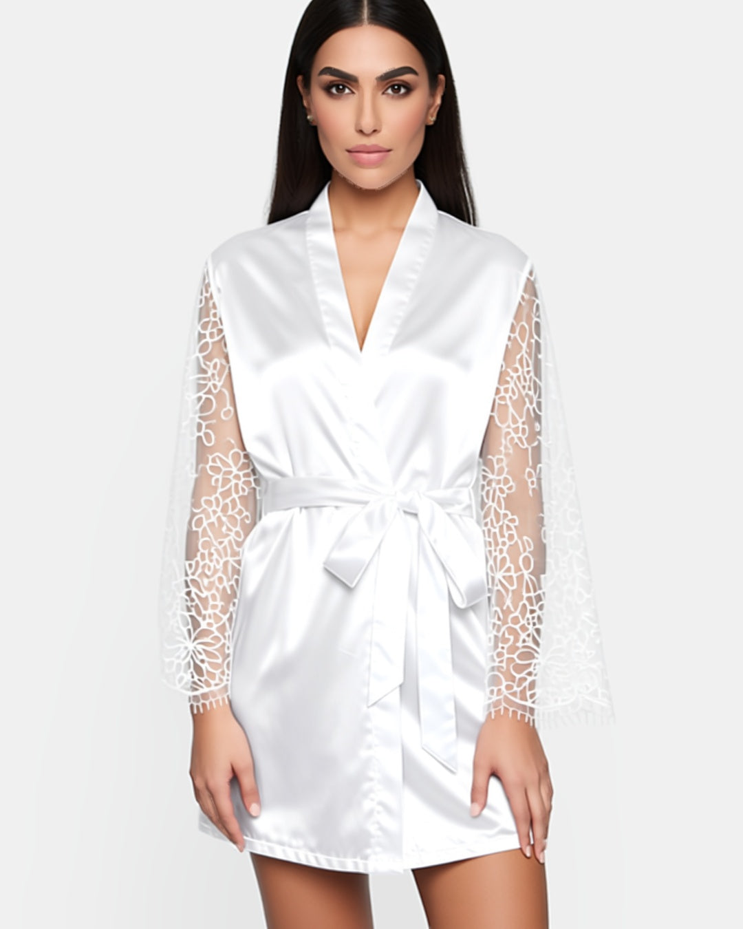 Satin Bride Robe with Embroidered Detail, front view on model Dana (EUP-W09). onmodel