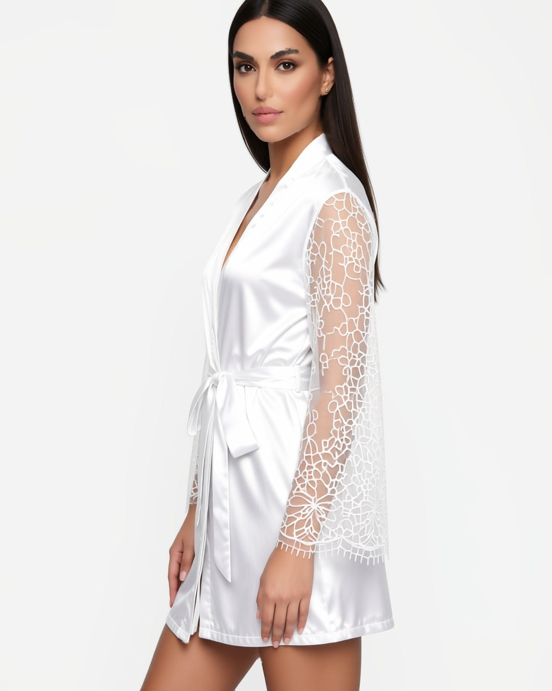 Satin Bride Robe with Embroidered Detail, three-quarter view on model Dana (EUP-W09). onmodel