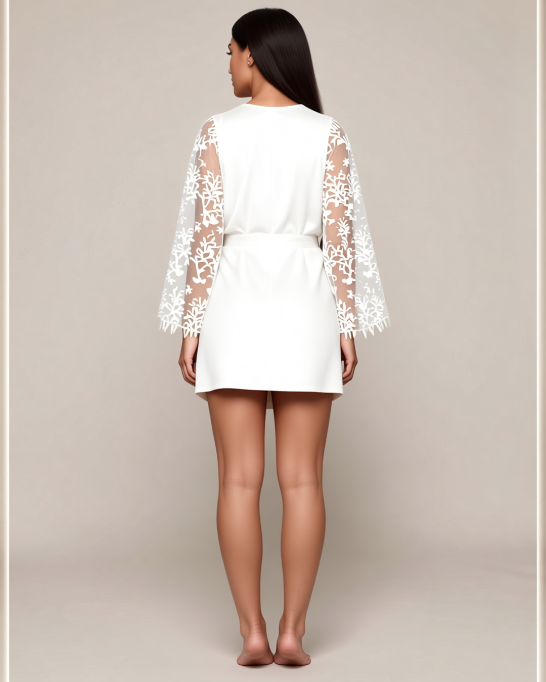 White Satin Bridal Robe with Lace Sleeves, back view on model Dana (EUP-W09). Pieces other than the robe are styling only.