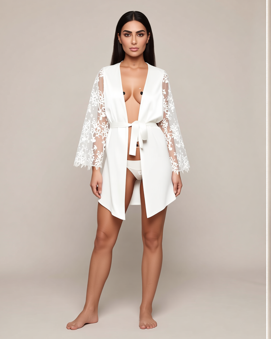 White Satin Bridal Robe with Lace Sleeves, front view on model Dana (EUP-W09). Pieces other than the robe are styling only.