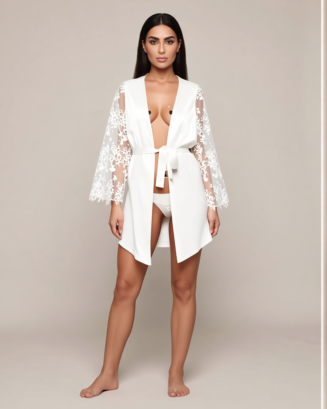 White Satin Bridal Robe with Lace Sleeves, front view on model Dana (EUP-W09). Pieces other than the robe are styling only.