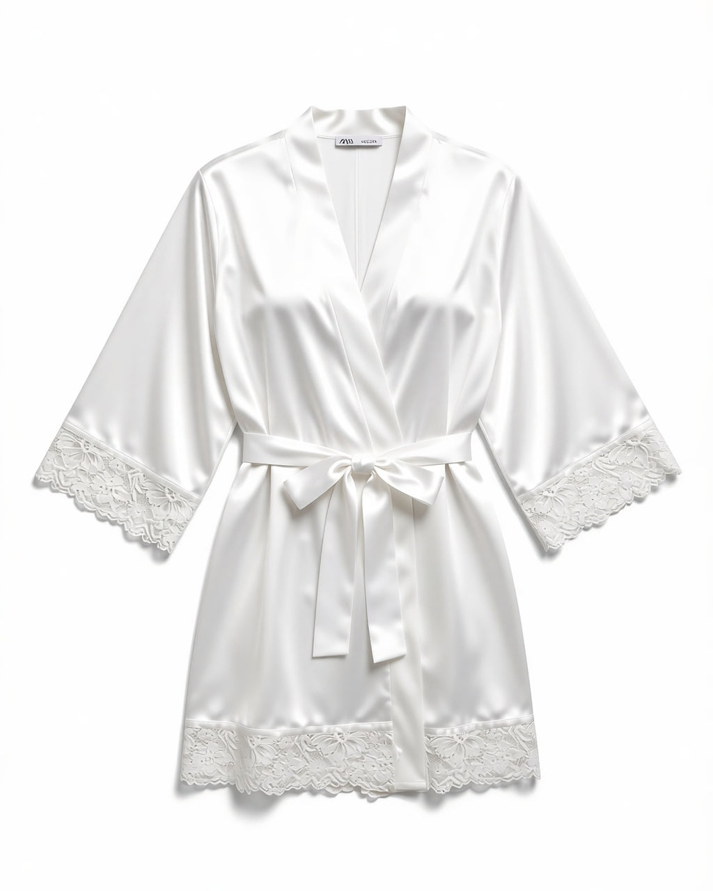 Satin Bridal Robe with Lace Trim in White, laid flat to show the full piece.