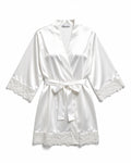 Satin Bridal Robe with Lace Trim in White, laid flat to show the full piece.
