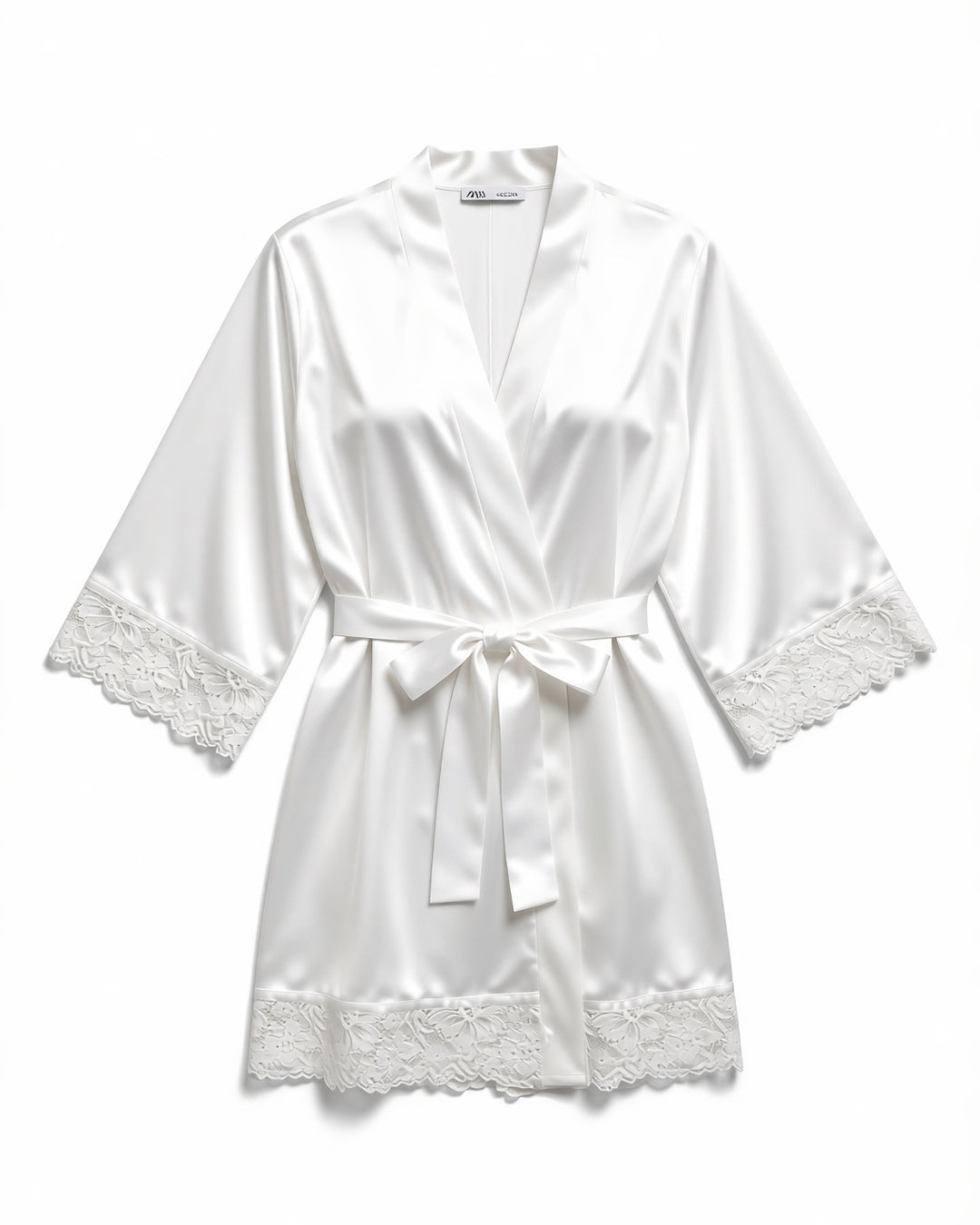 Satin Bridal Robe with Lace Trim in White, laid flat to show the full piece.