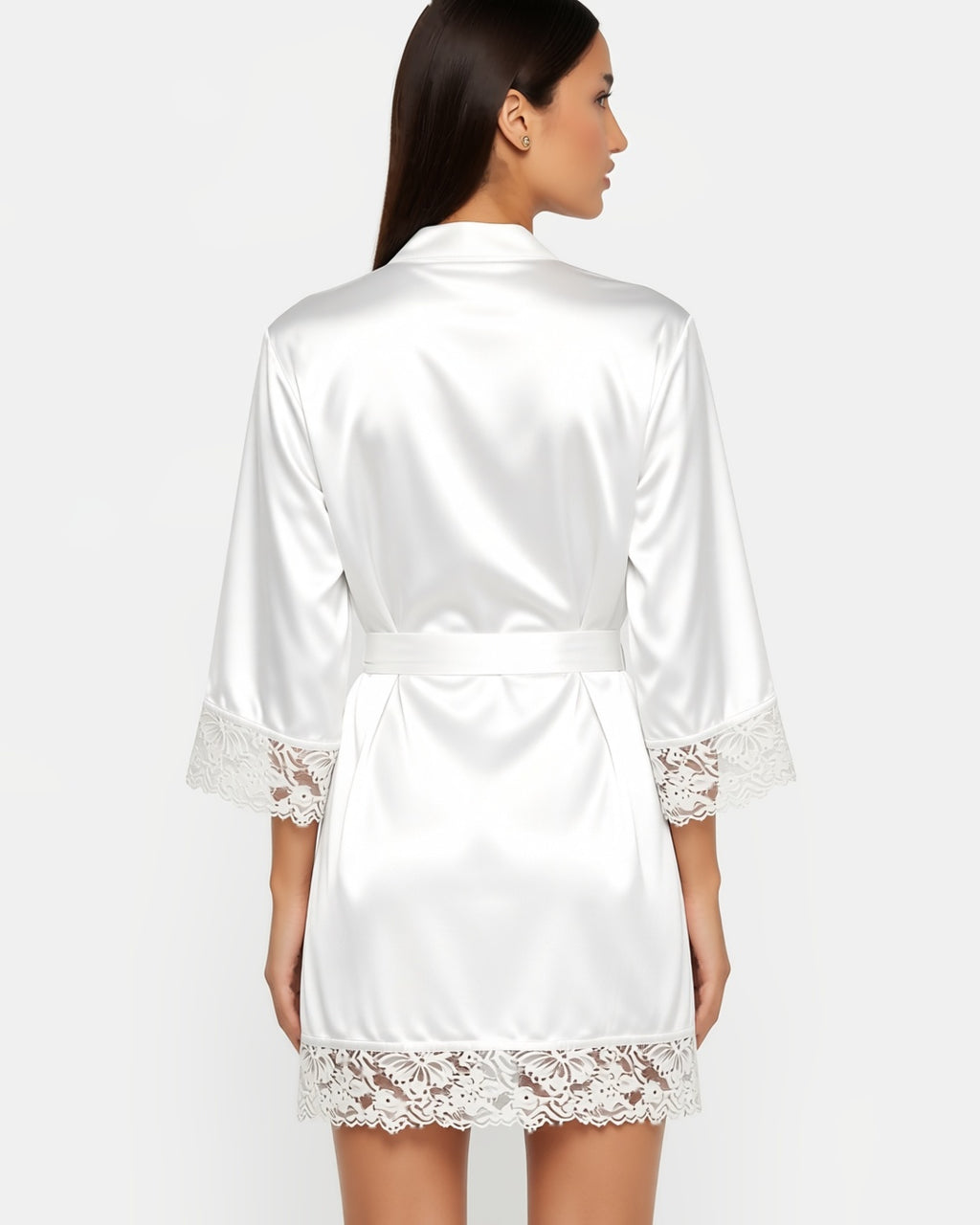 Satin Bridal Robe with Lace Trim in White, back view on model Nour (EUP-W01). onmodel