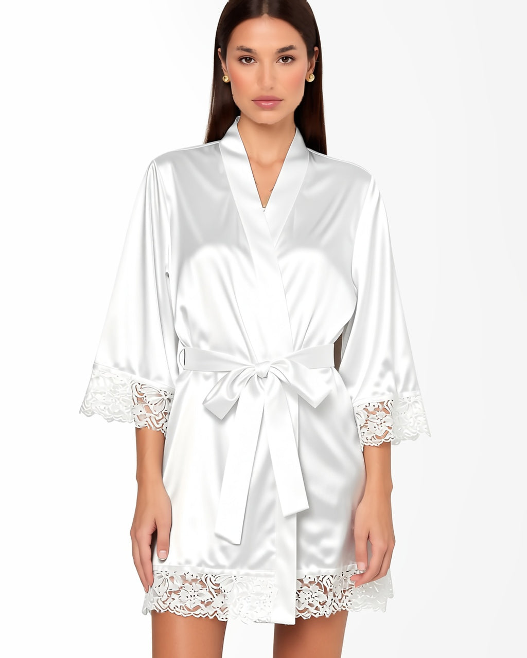 Satin Bridal Robe with Lace Trim in White, front view on model Nour (EUP-W01). onmodel