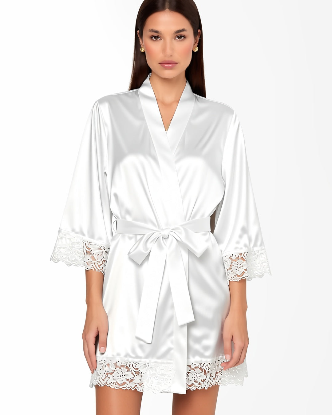 Satin Bridal Robe with Lace Trim in White, front view on model Nour (EUP-W01). onmodel
