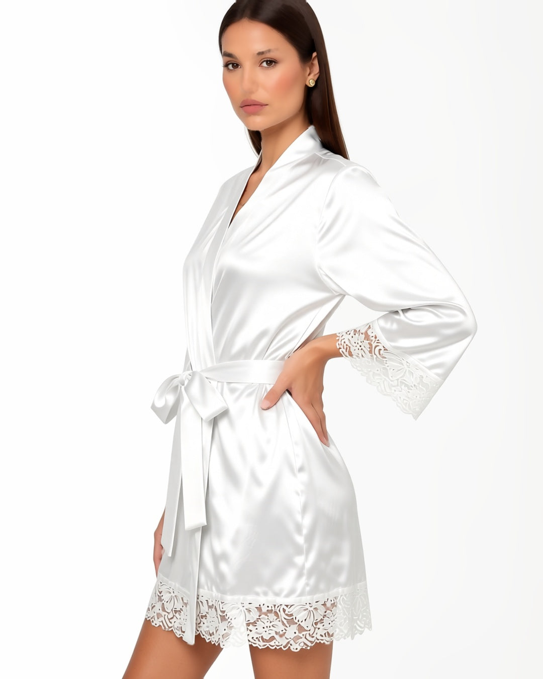 Satin Bridal Robe with Lace Trim in White, three-quarter view on model Nour (EUP-W01). onmodel