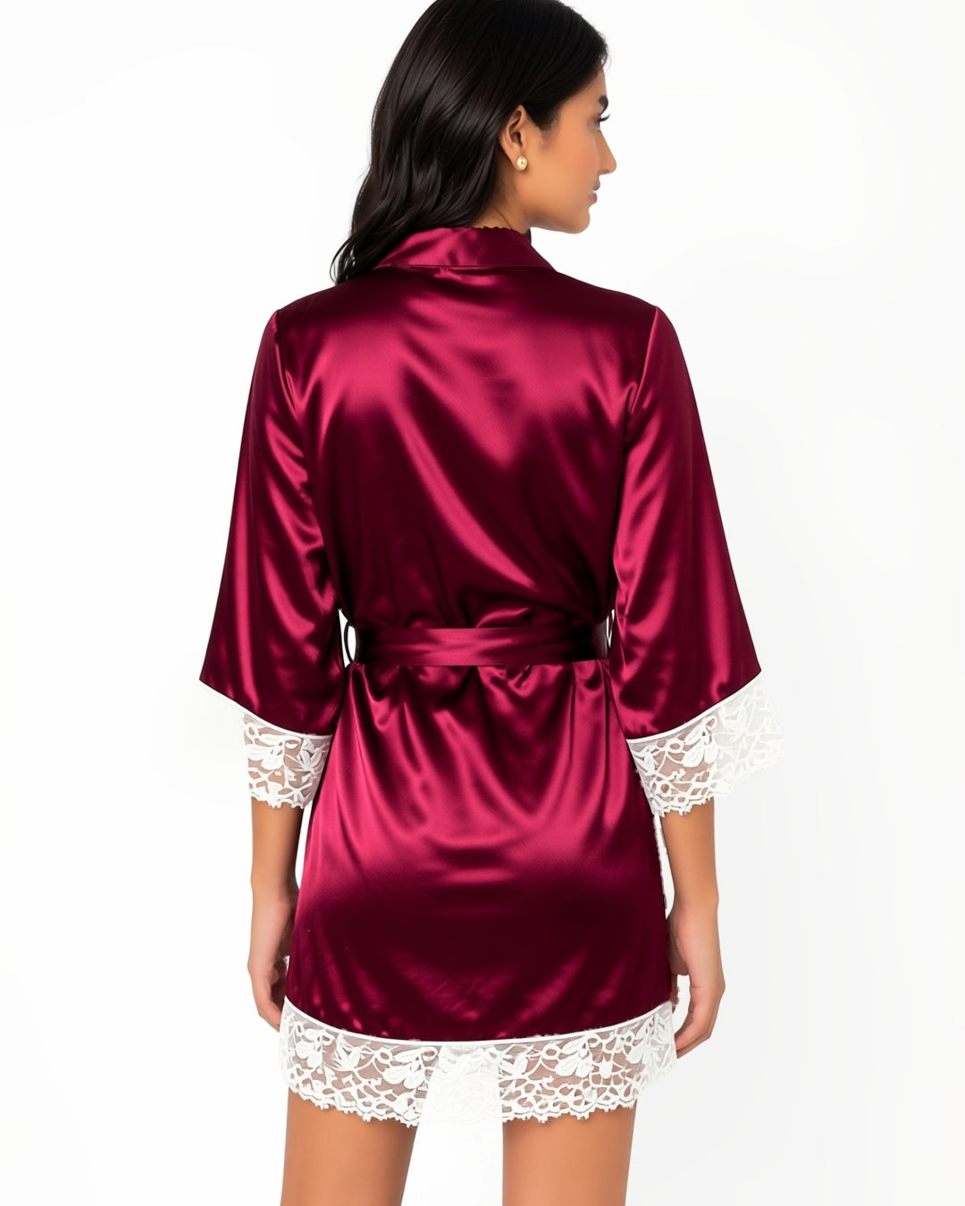 Satin Bridal Robe with Lace Trim in Burgundy, back view on model Maya (EUP-W06). onmodel