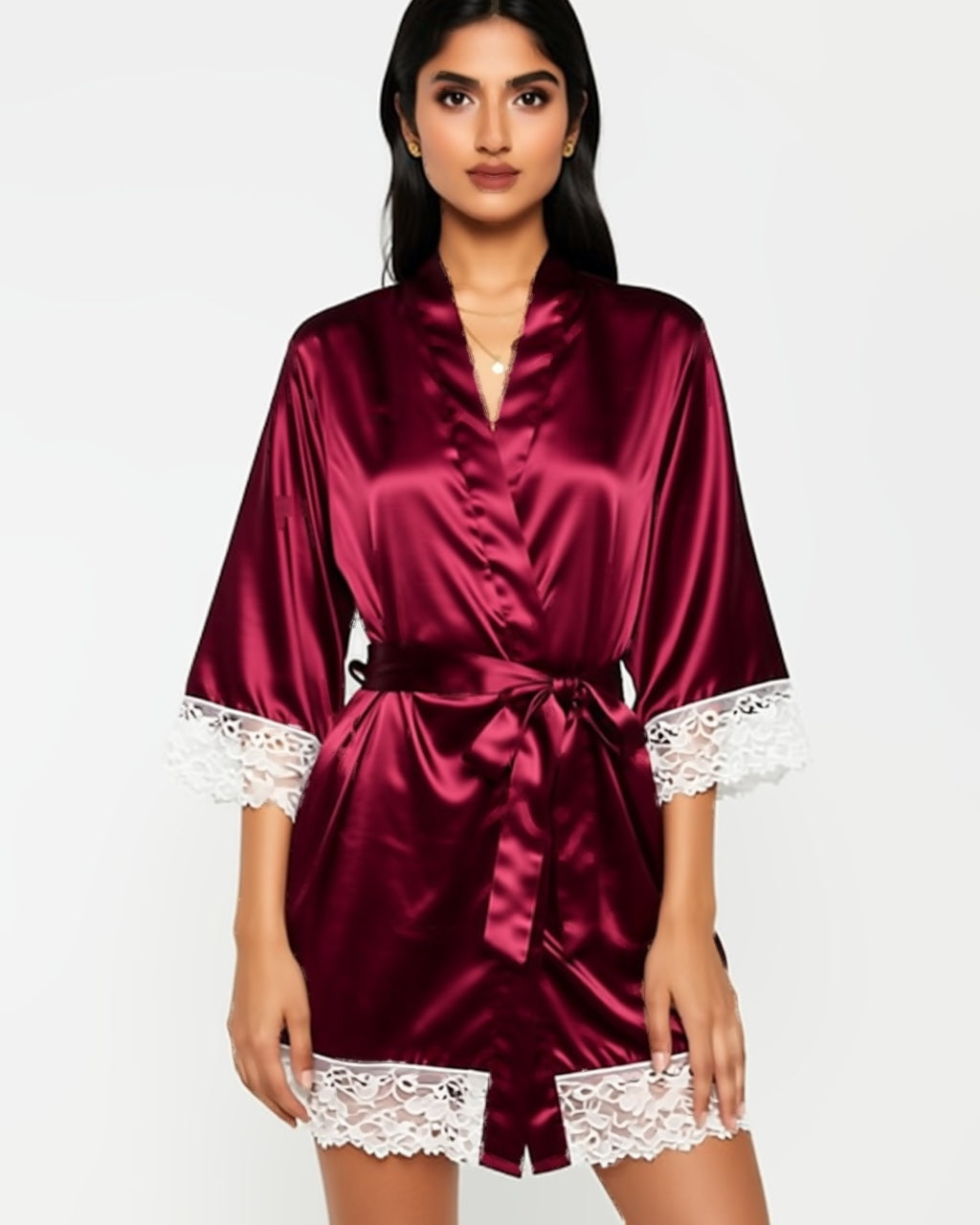 Satin Bridal Robe with Lace Trim in Burgundy, front view on model Maya (EUP-W06). onmodel
