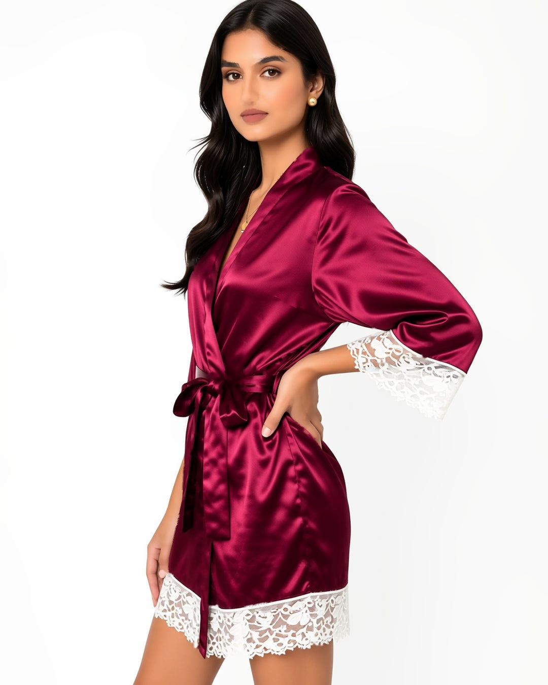 Satin Bridal Robe with Lace Trim in Burgundy, three-quarter view on model Maya (EUP-W06). onmodel