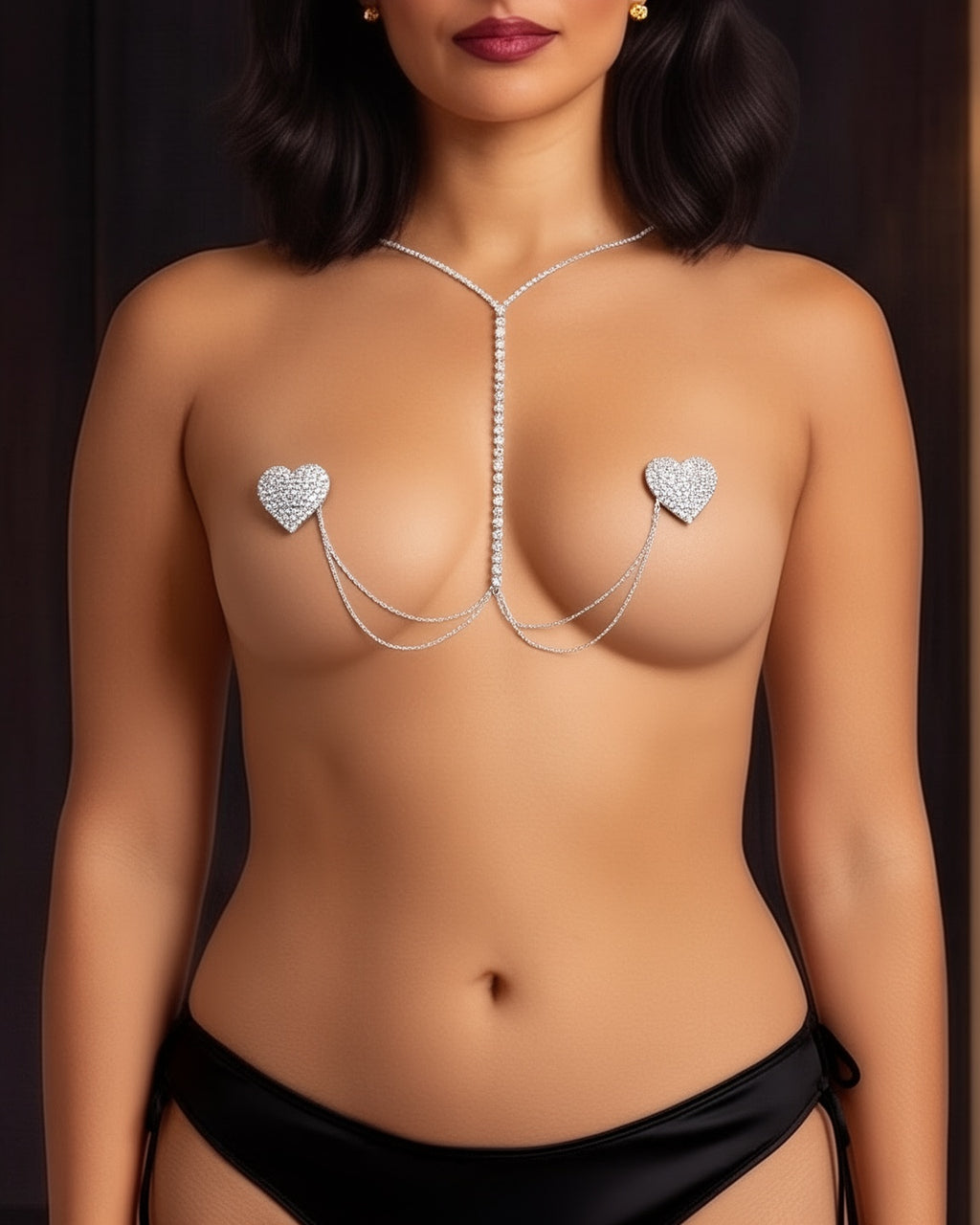 Rhinestone Heart Body Chain in Silver on model Salma (EUP-W02), close-up of the hearts and chains. onmodel