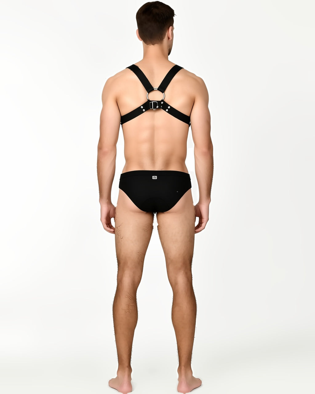 Gothic Chest Harness Body Strap, back view on model Karim (EUP-M01). onmodel