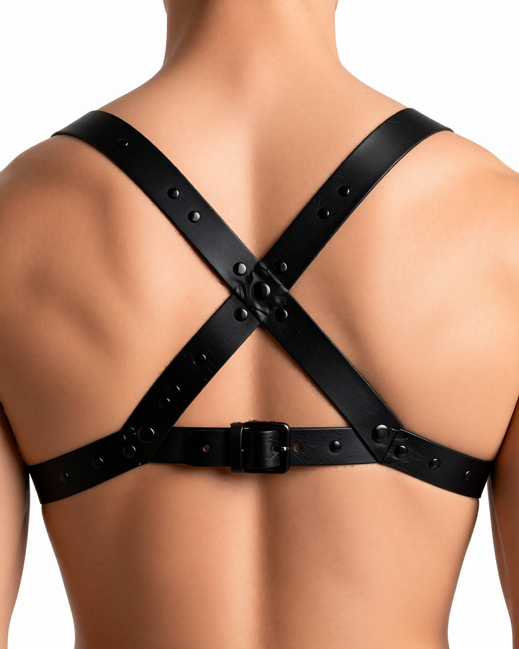 Gothic Chest Harness Body Strap, detail close-up of the crossed straps and the buckle across his back. onmodel
