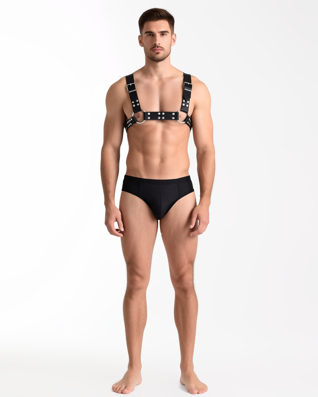 Gothic Chest Harness Body Strap, front view on model Karim (EUP-M01). onmodel