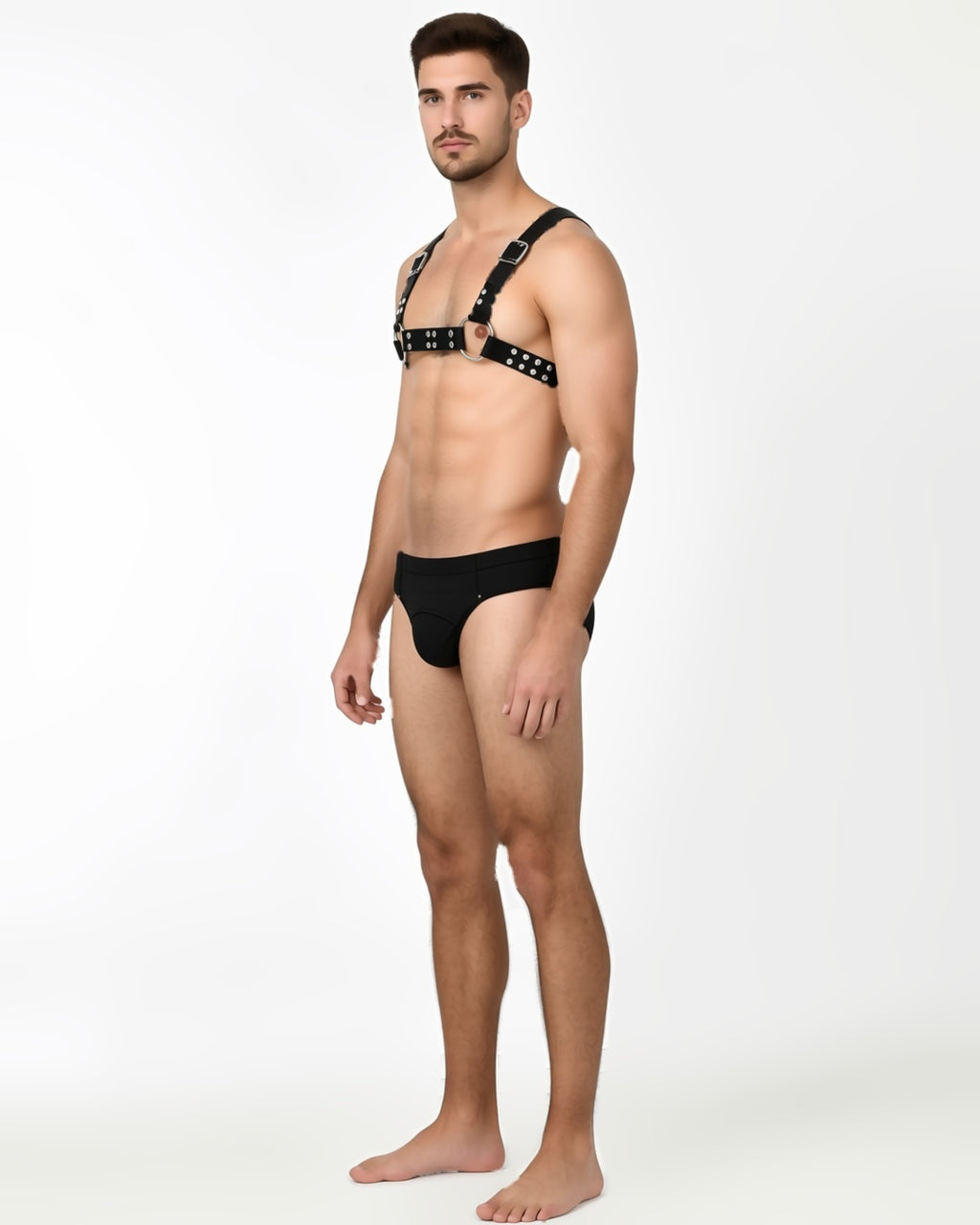 Gothic Chest Harness Body Strap, three-quarter view on model Karim (EUP-M01). onmodel